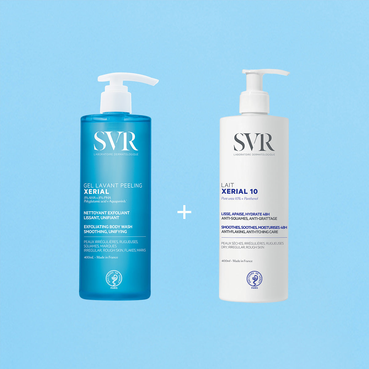 SVR Xerial duo set with a 400ml blue exfoliating body wash bottle and a 400ml white moisturizing body lotion bottle.