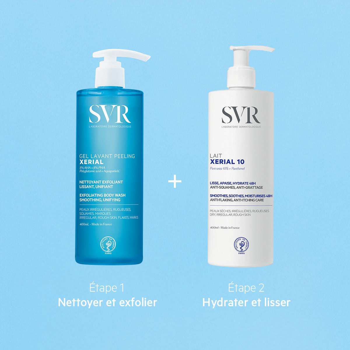 Duo SVR Xerial: flacon de gel lavant bleu et flacon de lait hydratant blanc avec pompes, sur fond bleu clair.