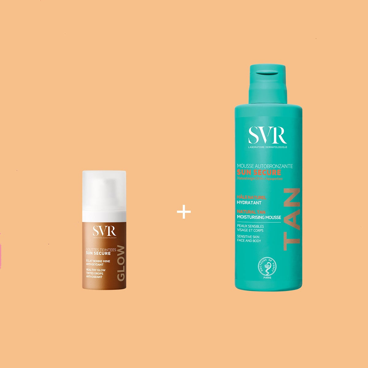 SVR Sun Secure Duo with brown tinted glow drops and a large teal self-tanning mousse bottle on a peach background.