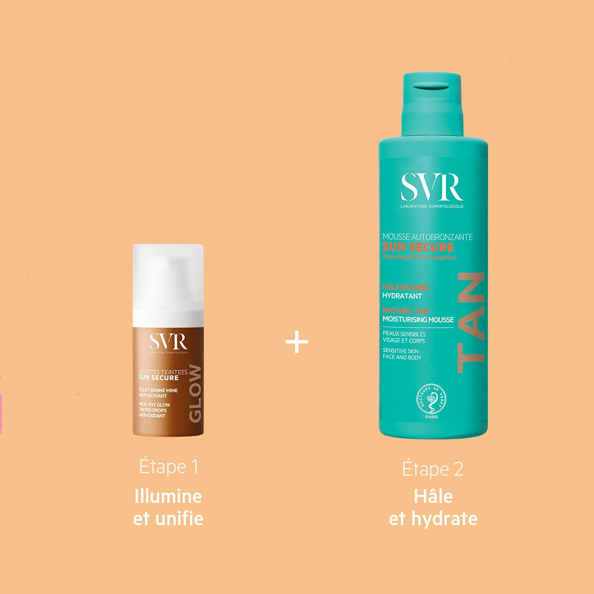 SVR Sun Secure duo set with a brown glow tinted drops bottle and a turquoise self-tanning mousse bottle.