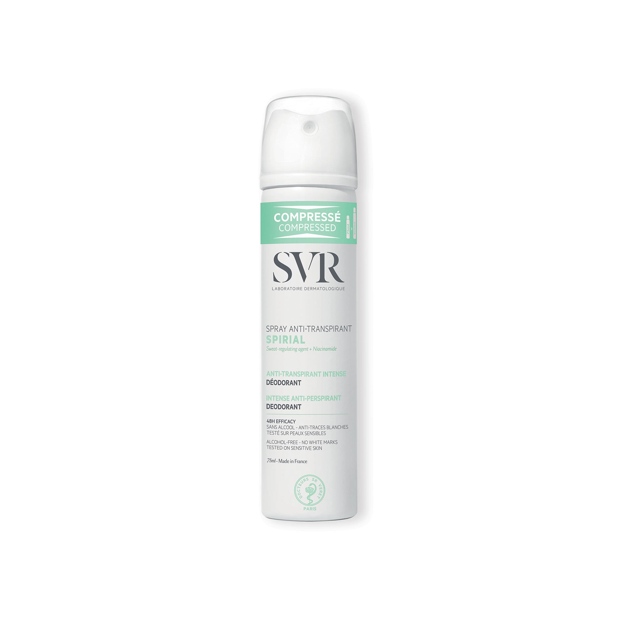 Spray anti-transpirant SVR Spirial compressé 75ml dans un flacon blanc et vert menthe avec bouchon transparent.