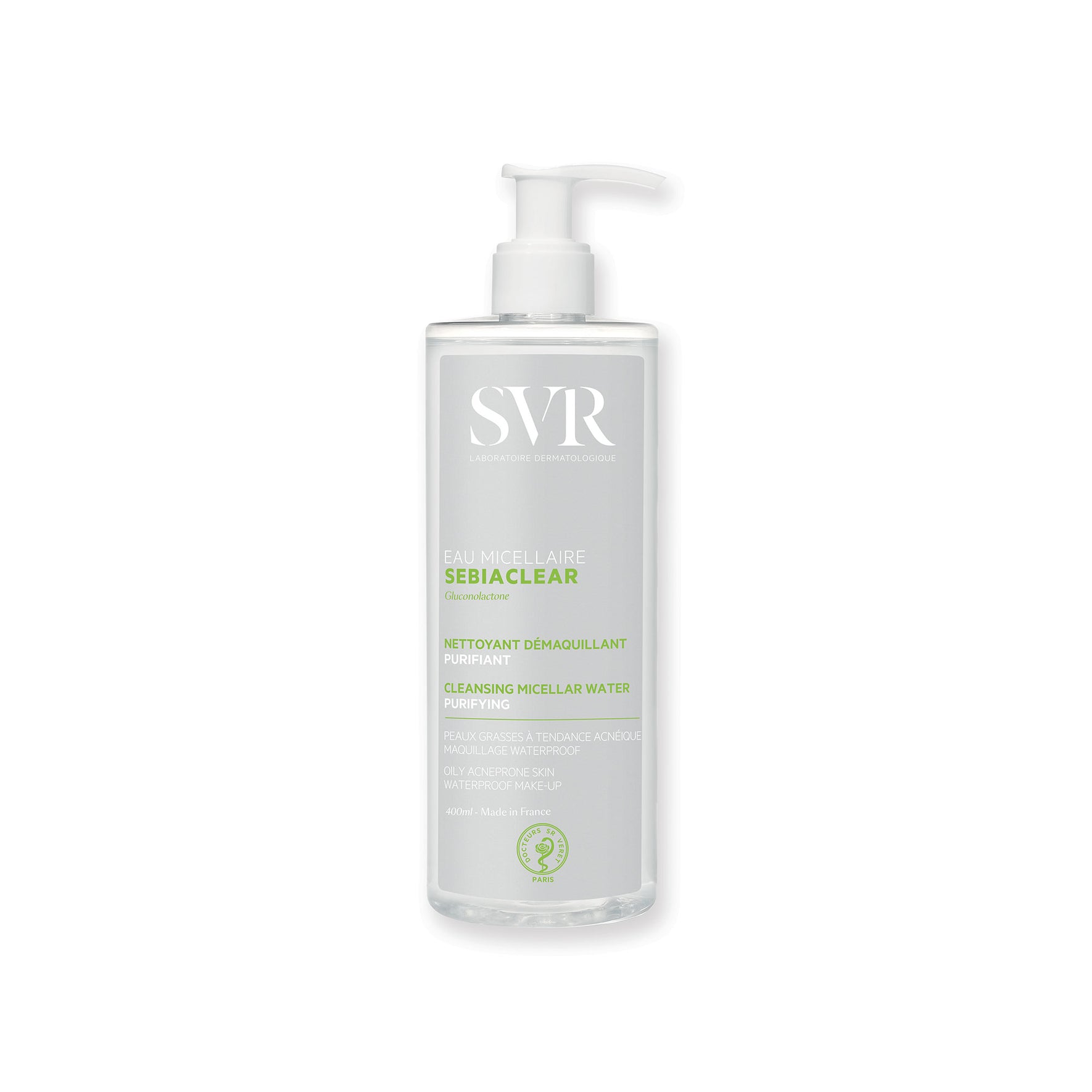 Flacon pompe transparent de 400ml d'eau micellaire SVR Sebiaclear pour peaux grasses à tendance acnéique.