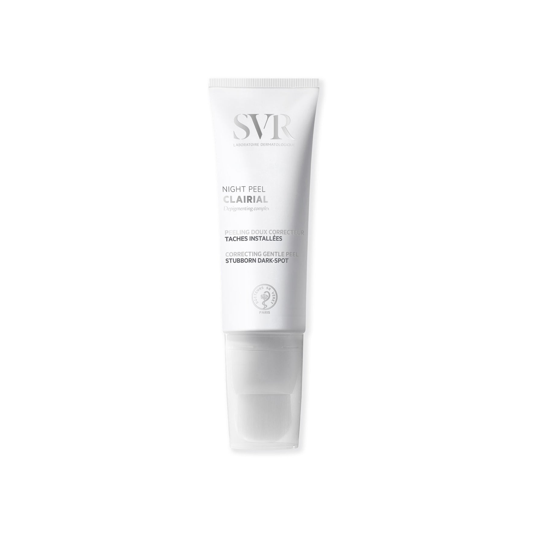 Tube blanc de soin SVR Clairial Night Peel avec applicateur pinceau intégré pour corriger les taches brunes.