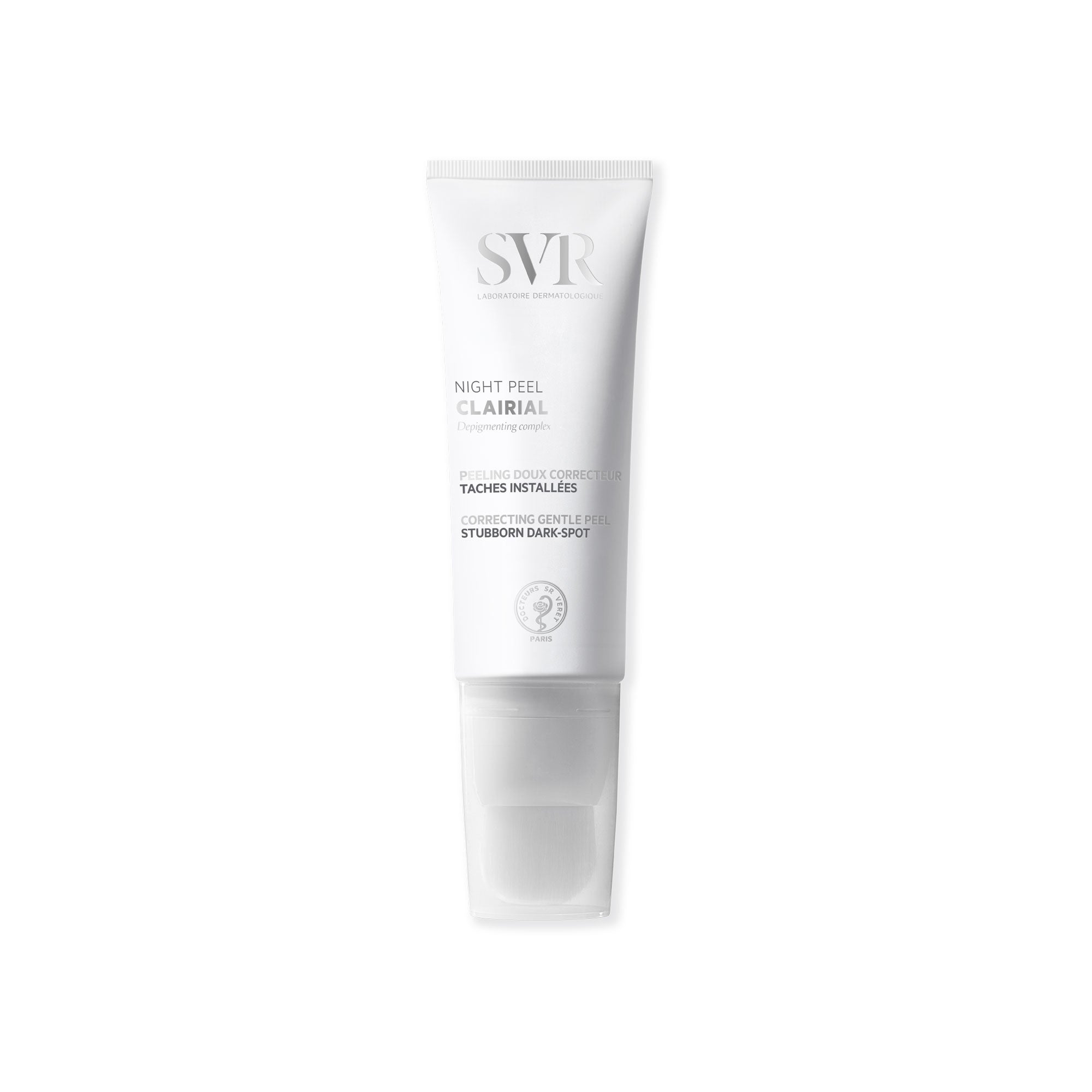 Tube blanc de soin SVR Clairial Night Peel avec applicateur pinceau intégré pour corriger les taches brunes.