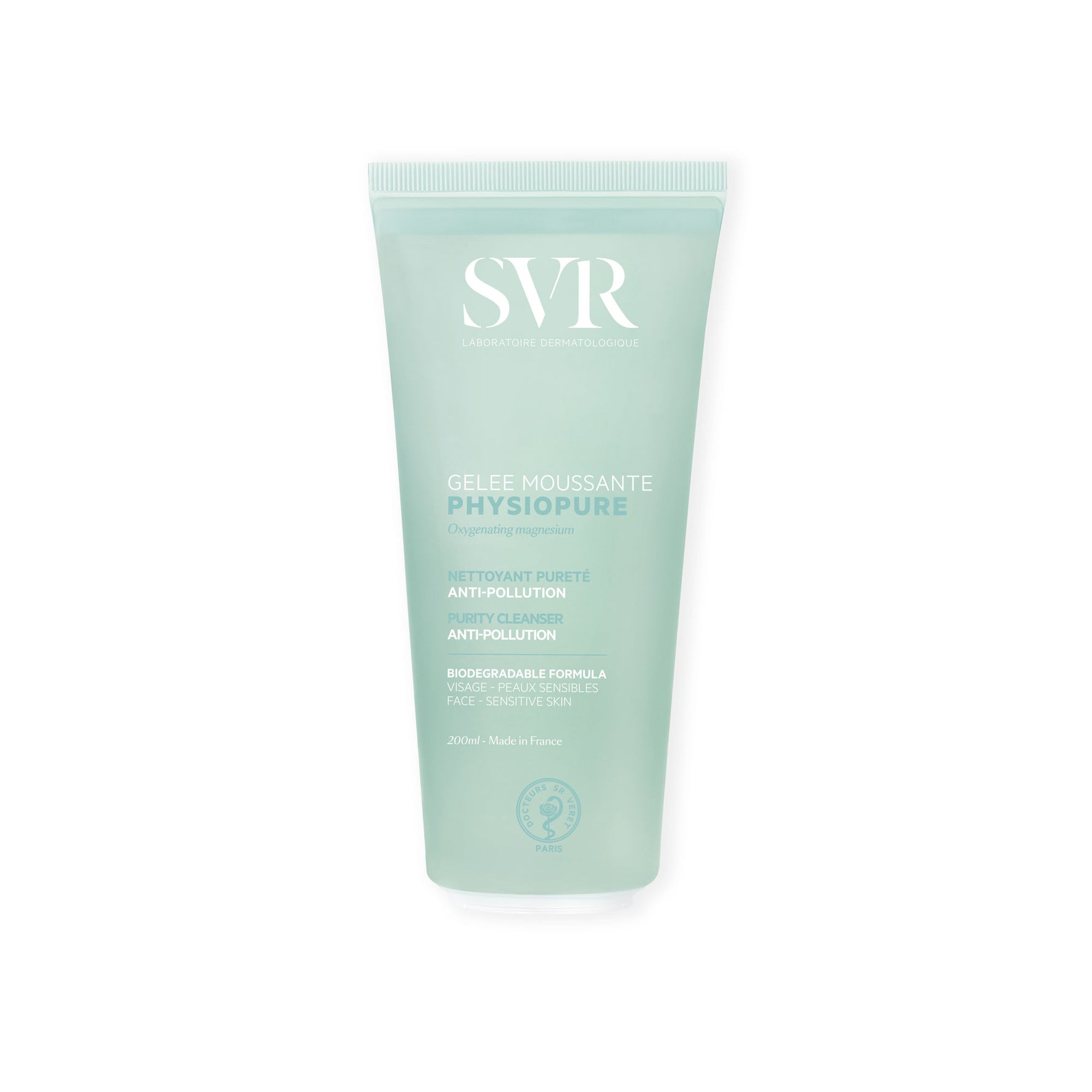Tube de gelée moussante SVR Physiopure 200ml, nettoyant visage purifiant pour peaux sensibles dans un emballage vert pâle.