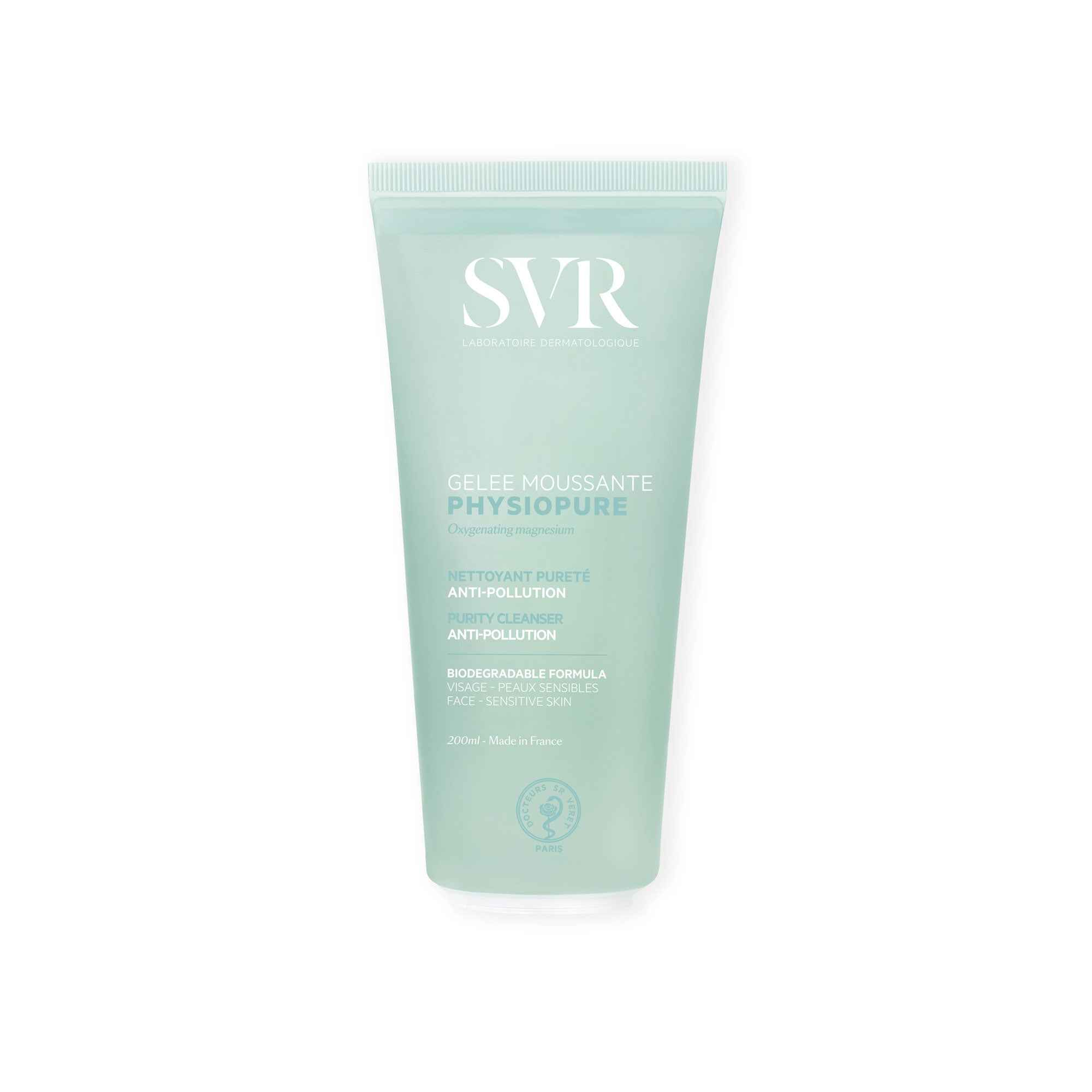 Tube de gelée moussante SVR Physiopure 200ml, nettoyant visage purifiant pour peaux sensibles dans un emballage vert pâle.