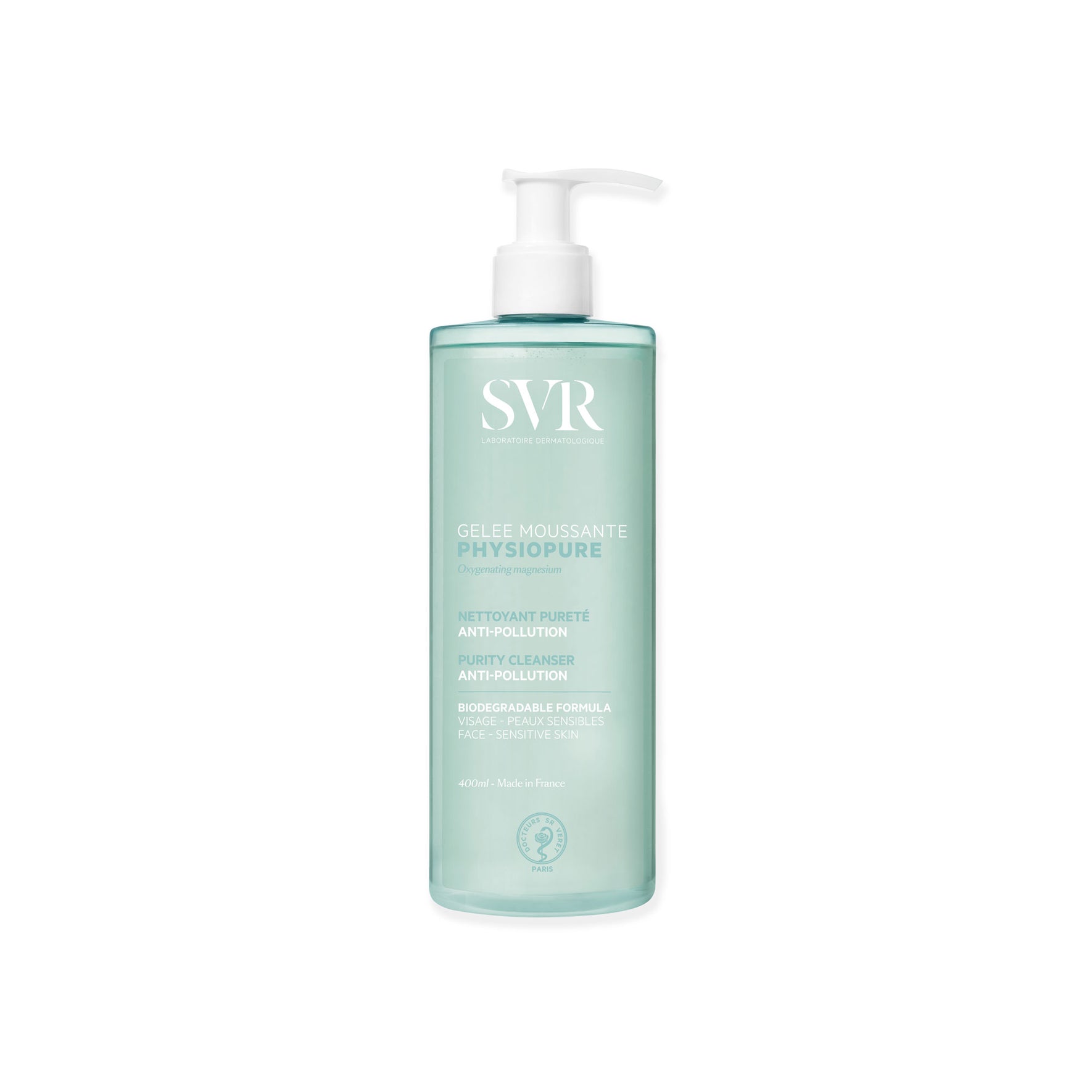 Flacon pompe de gelée moussante SVR Physiopure 400ml, nettoyant visage purifiant pour peaux sensibles en flacon bleu clair.