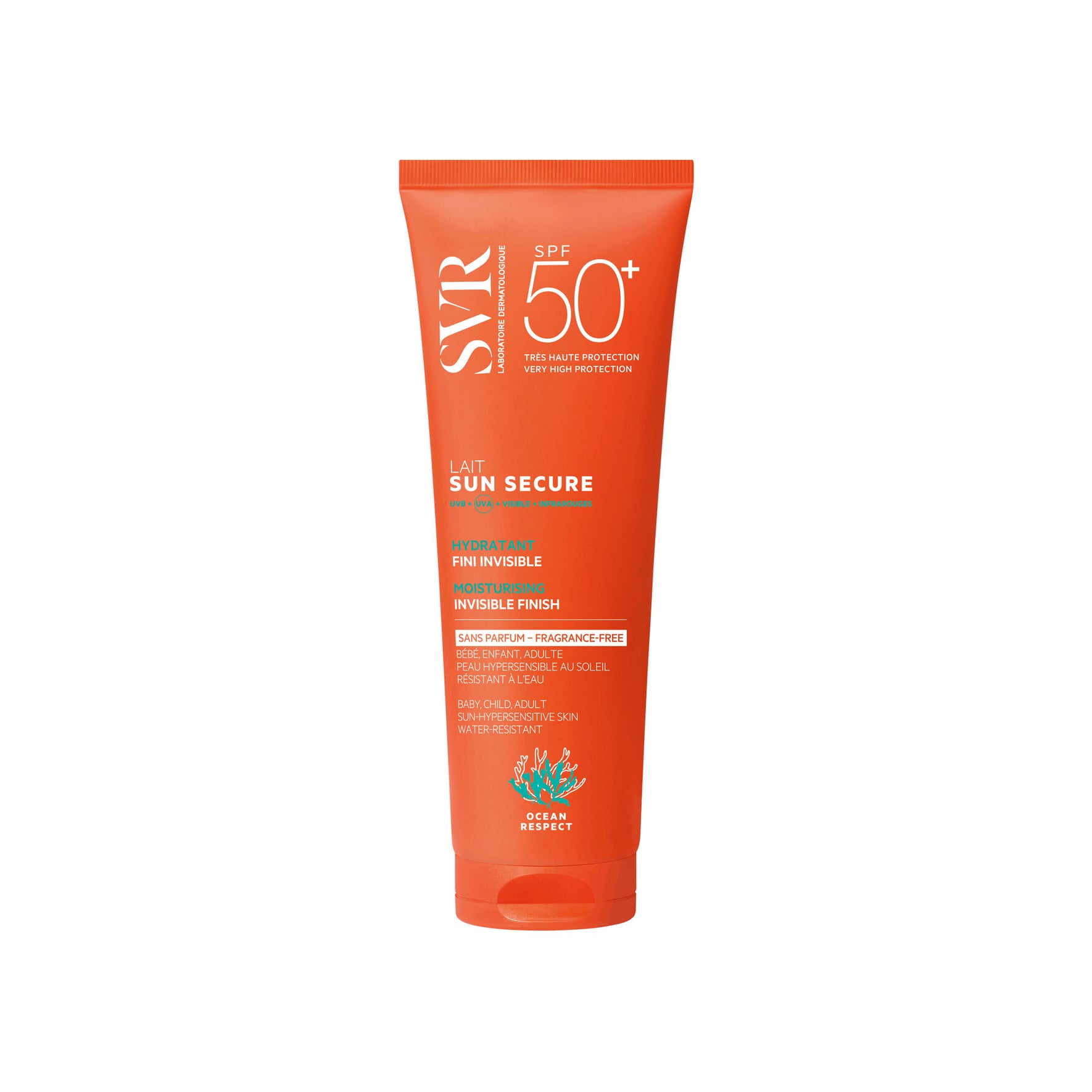 Tube de lait solaire SVR Sun Secure SPF50+ orange, format familial, sans parfum, pour peaux sensibles, visage et corps.
