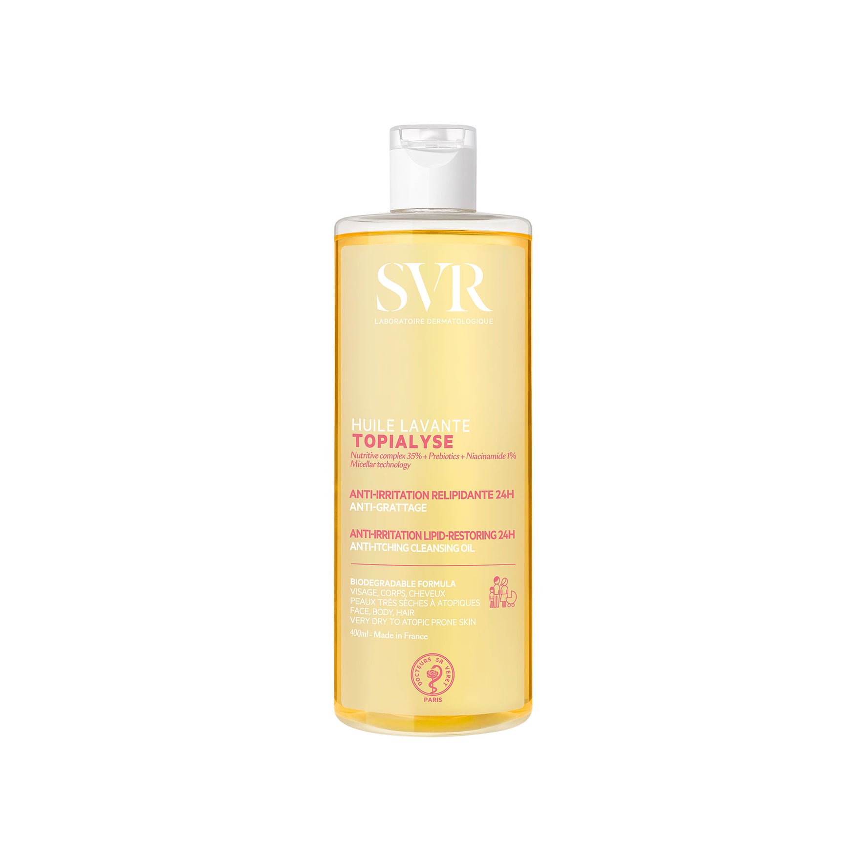Flacon de 400ml d'huile lavante SVR Topialyse, soin apaisant doré pour peaux sèches et atopiques avec bouchon blanc.