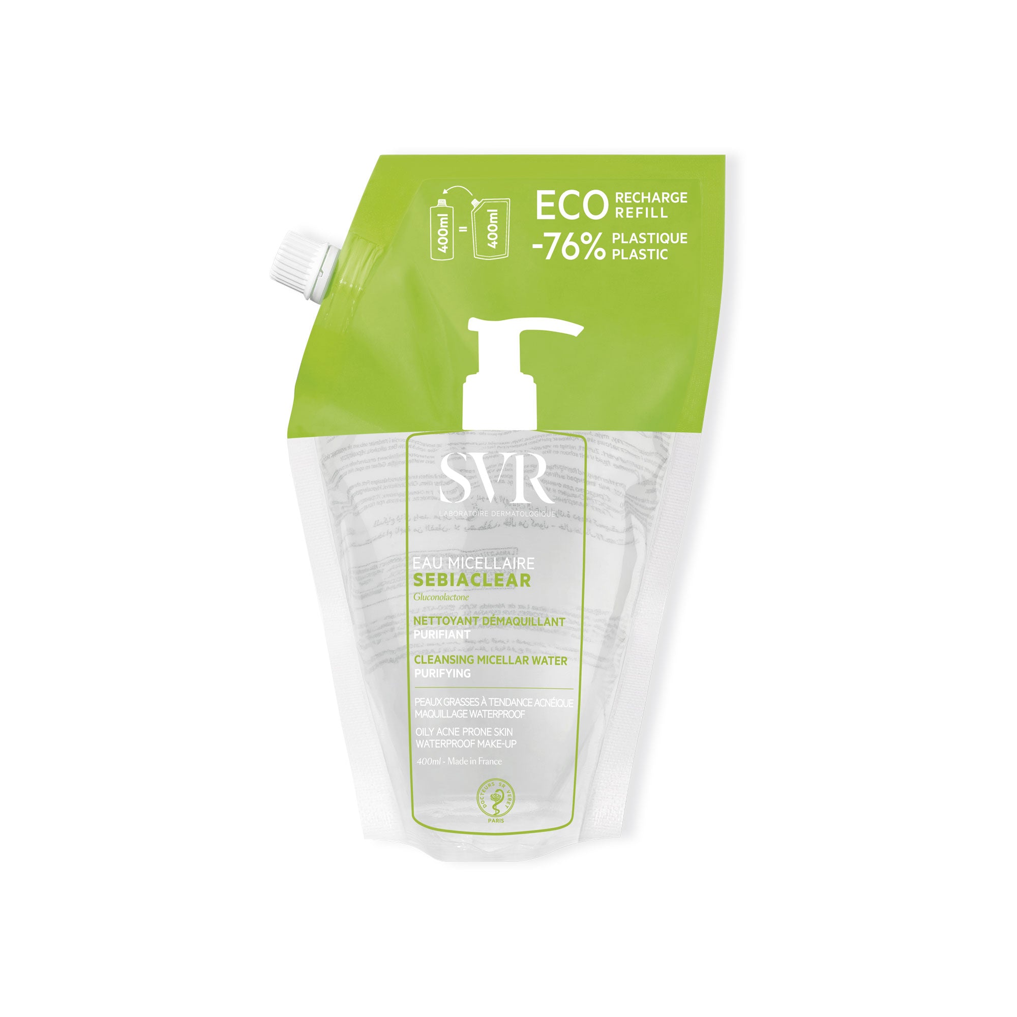 Recharge éco 400ml SVR Sebiaclear Eau Micellaire pour peaux grasses et acnéiques dans un sachet souple vert et transparent.
