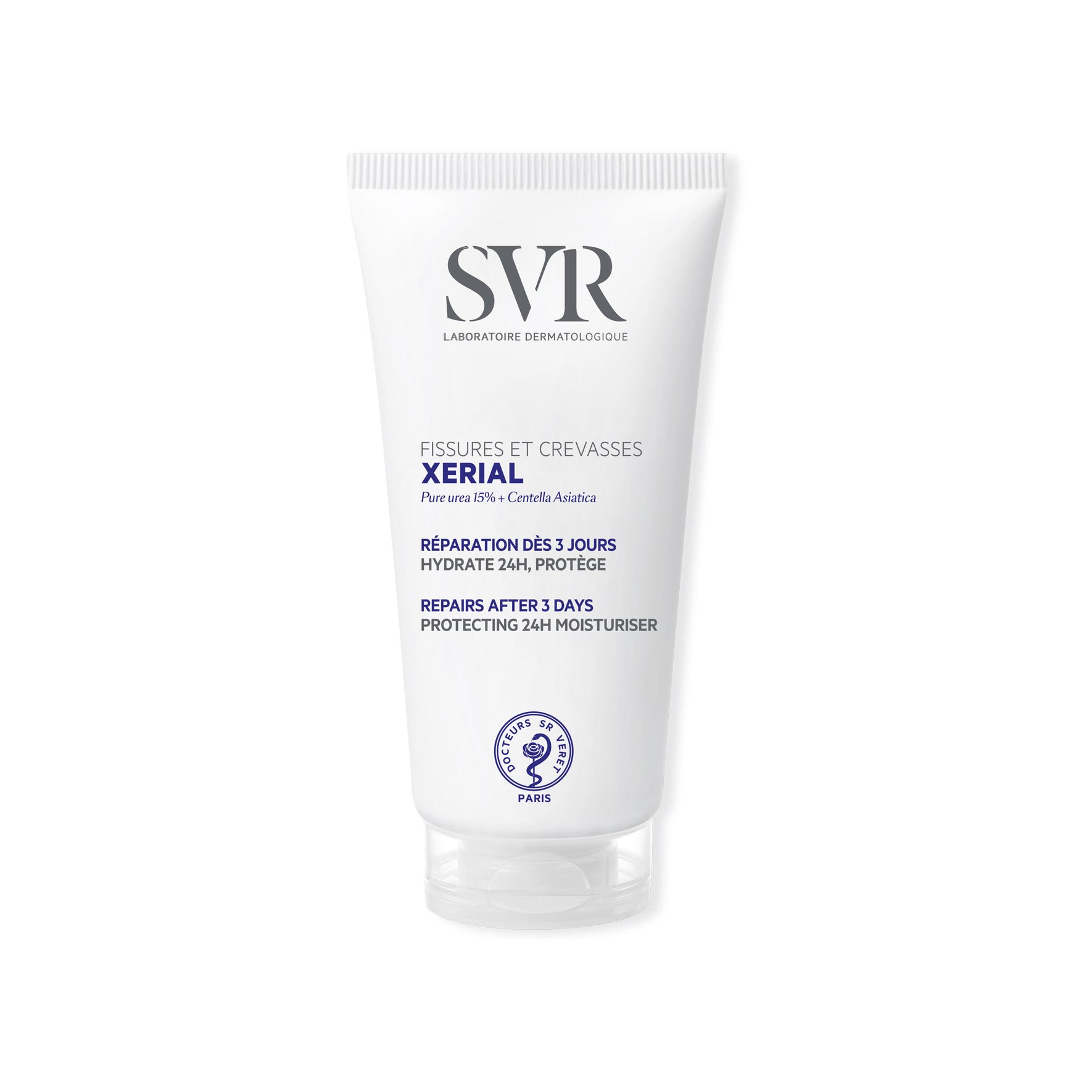 Tube blanc de crème réparatrice SVR Xerial Fissures et Crevasses avec bouchon transparent, format 50ml.