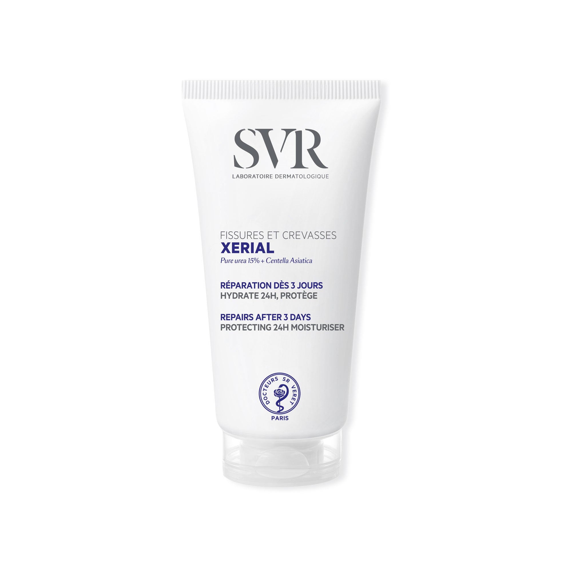 Tube blanc de crème réparatrice SVR Xerial Fissures et Crevasses avec bouchon transparent, format 50ml.