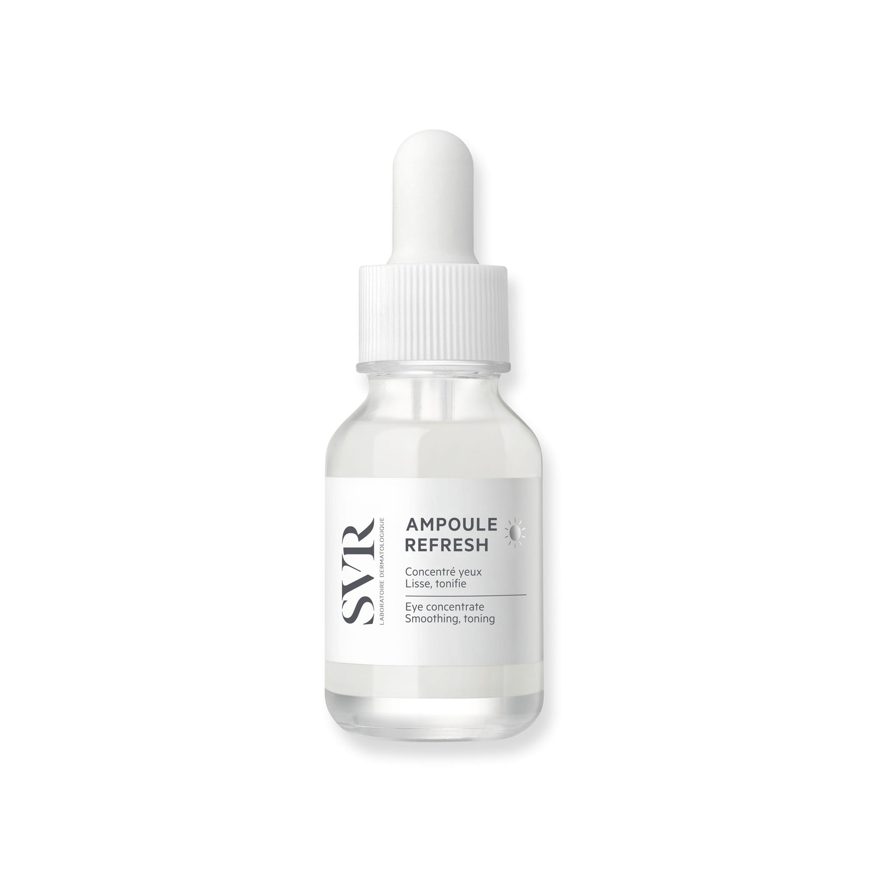 Flacon en verre transparent SVR Ampoule Refresh avec pipette compte-gouttes blanche sur fond blanc.