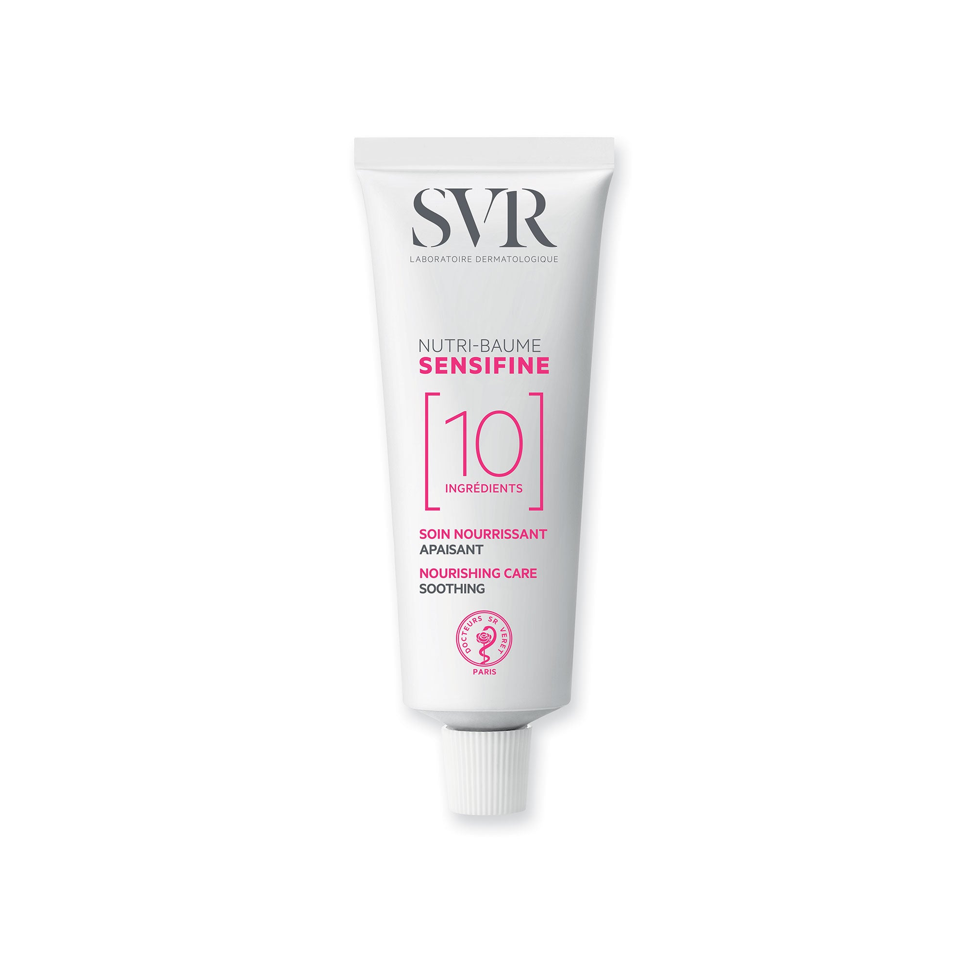 Tube blanc de baume hydratant SVR Sensifine avec bouchon à vis, mettant en avant la formule minimaliste à 10 ingrédients.