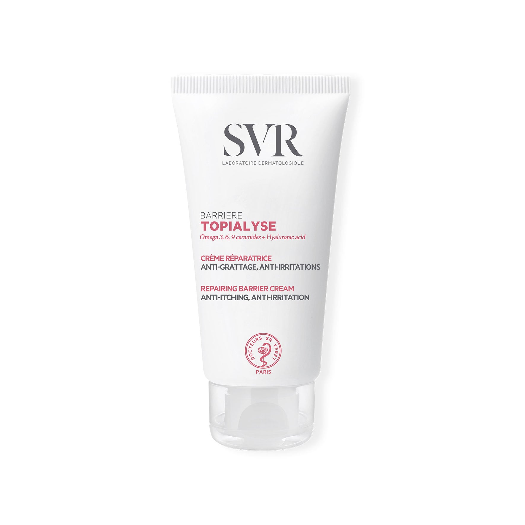 Tube blanc de crème réparatrice SVR Topialyse Barrière avec bouchon transparent, pour peaux sèches et atopiques.