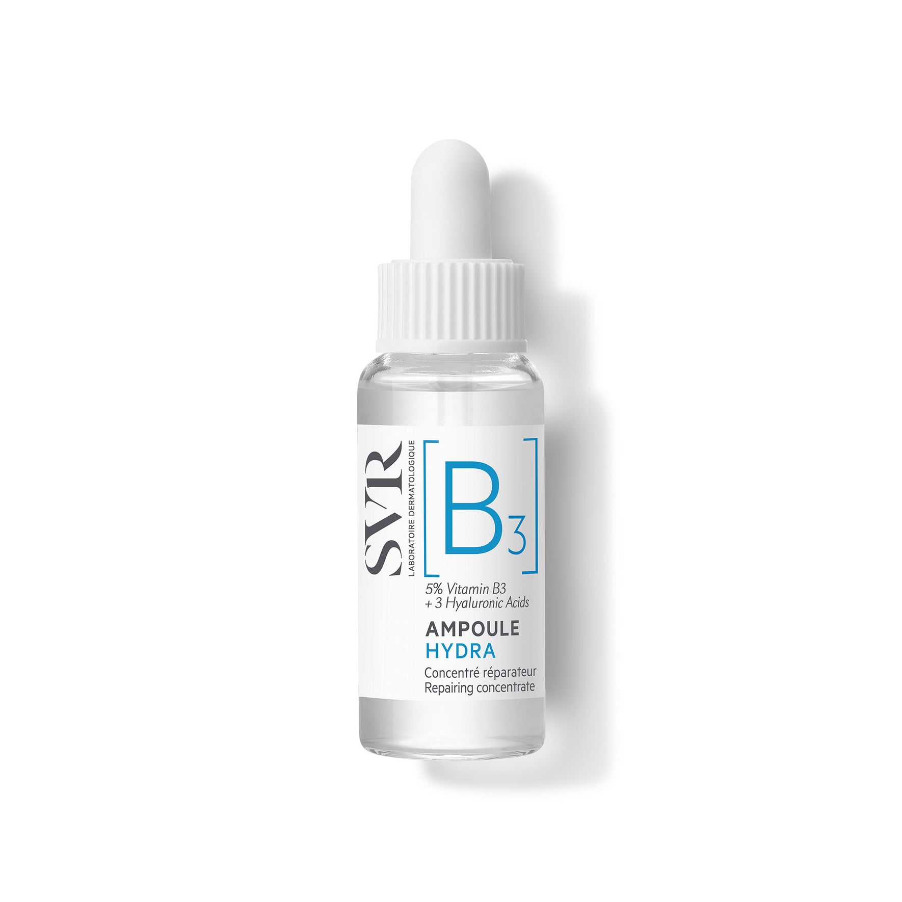 SVR B3 Ampoule Hydra 2ml glass dropper bottle with white cap and blue and black label text on a white background.