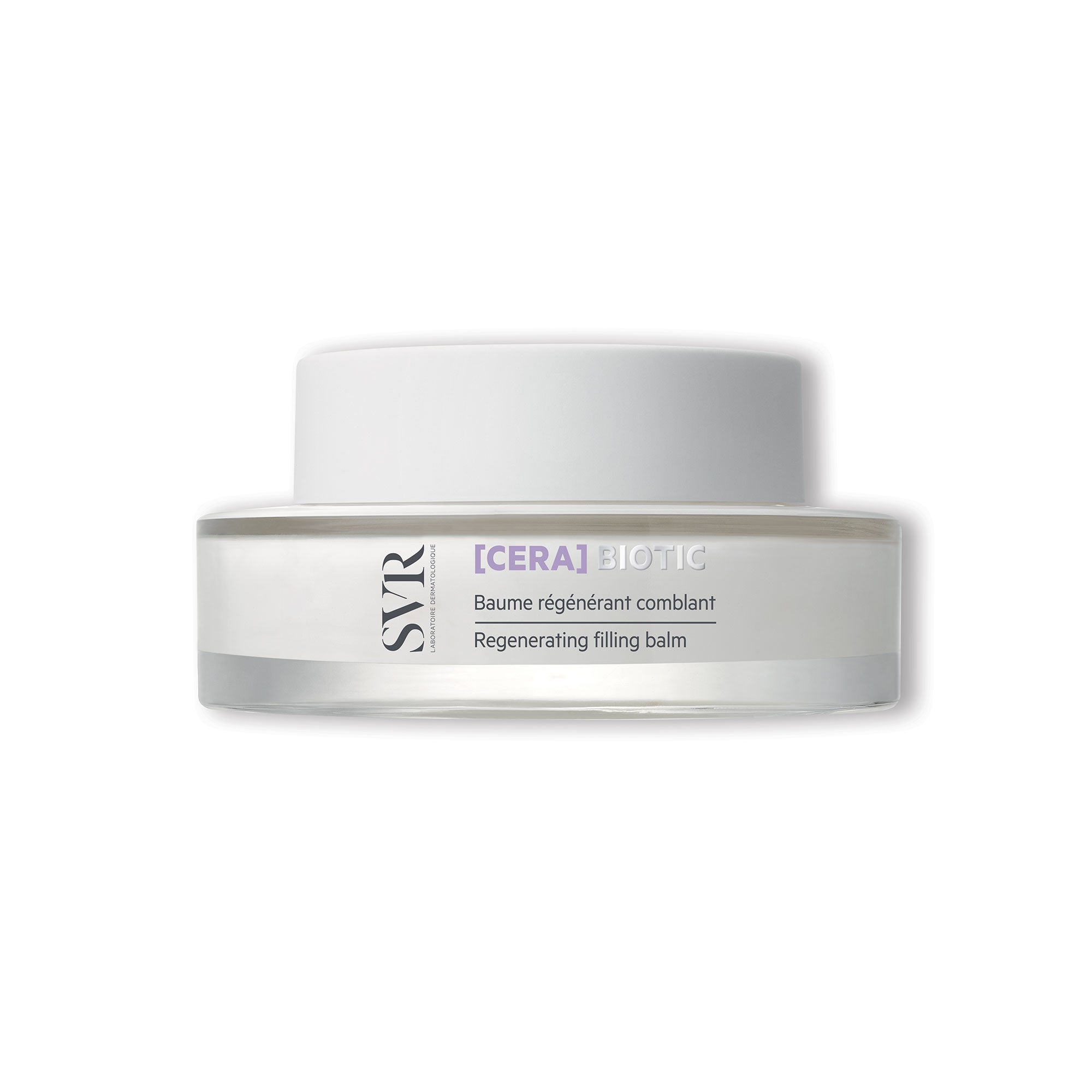 Pot de crème SVR [CERA]Biotic, baume régénérant comblant dans un contenant en verre transparent avec un couvercle blanc.