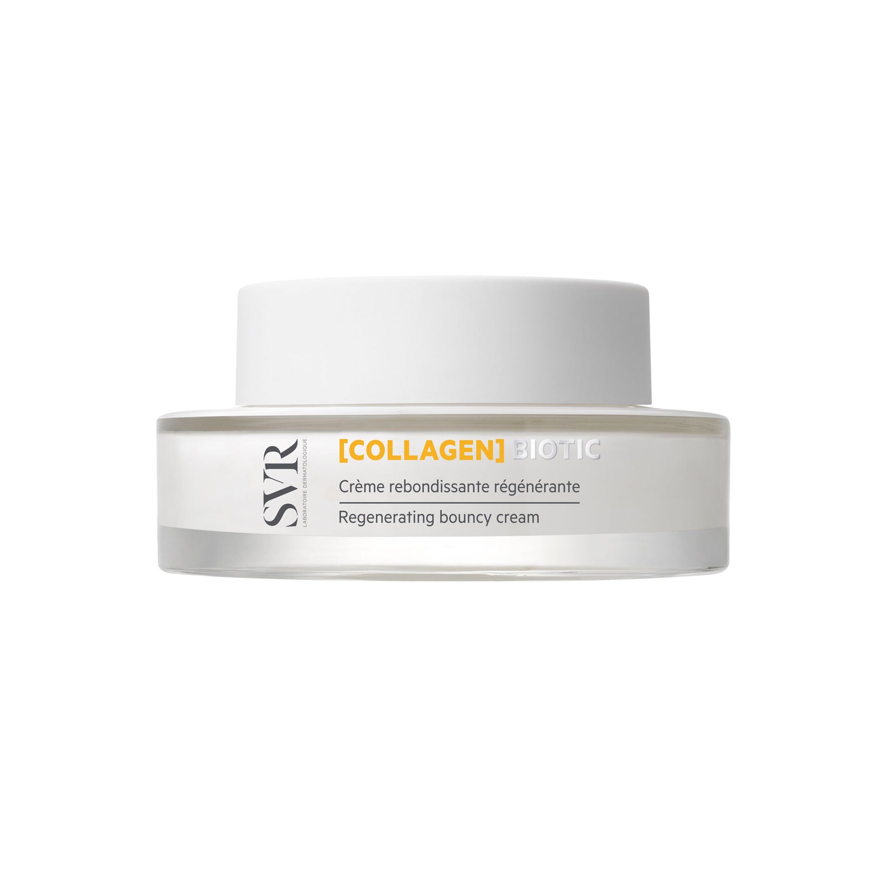 Pot de crème SVR [COLLAGEN] Biotic blanc et transparent avec couvercle mat, format pot de soin régénérant.