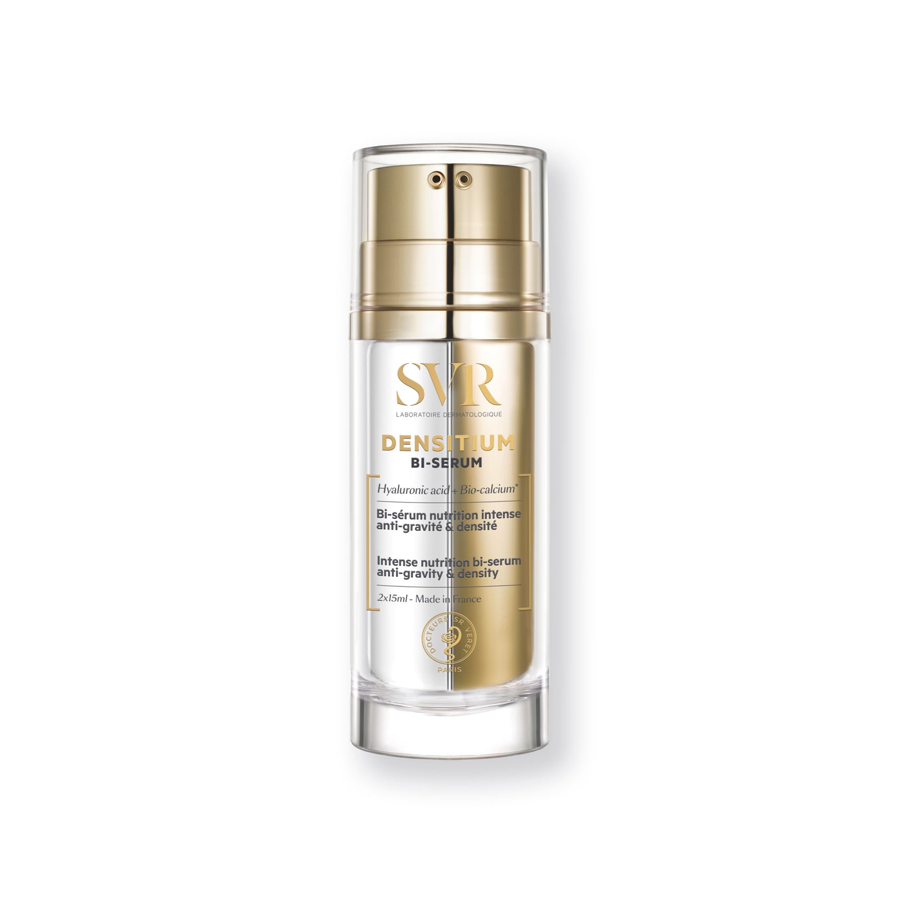 SVR Densitium Bi-Sérum in a dual-chamber pump bottle with gold accents and clear cap against a white background.