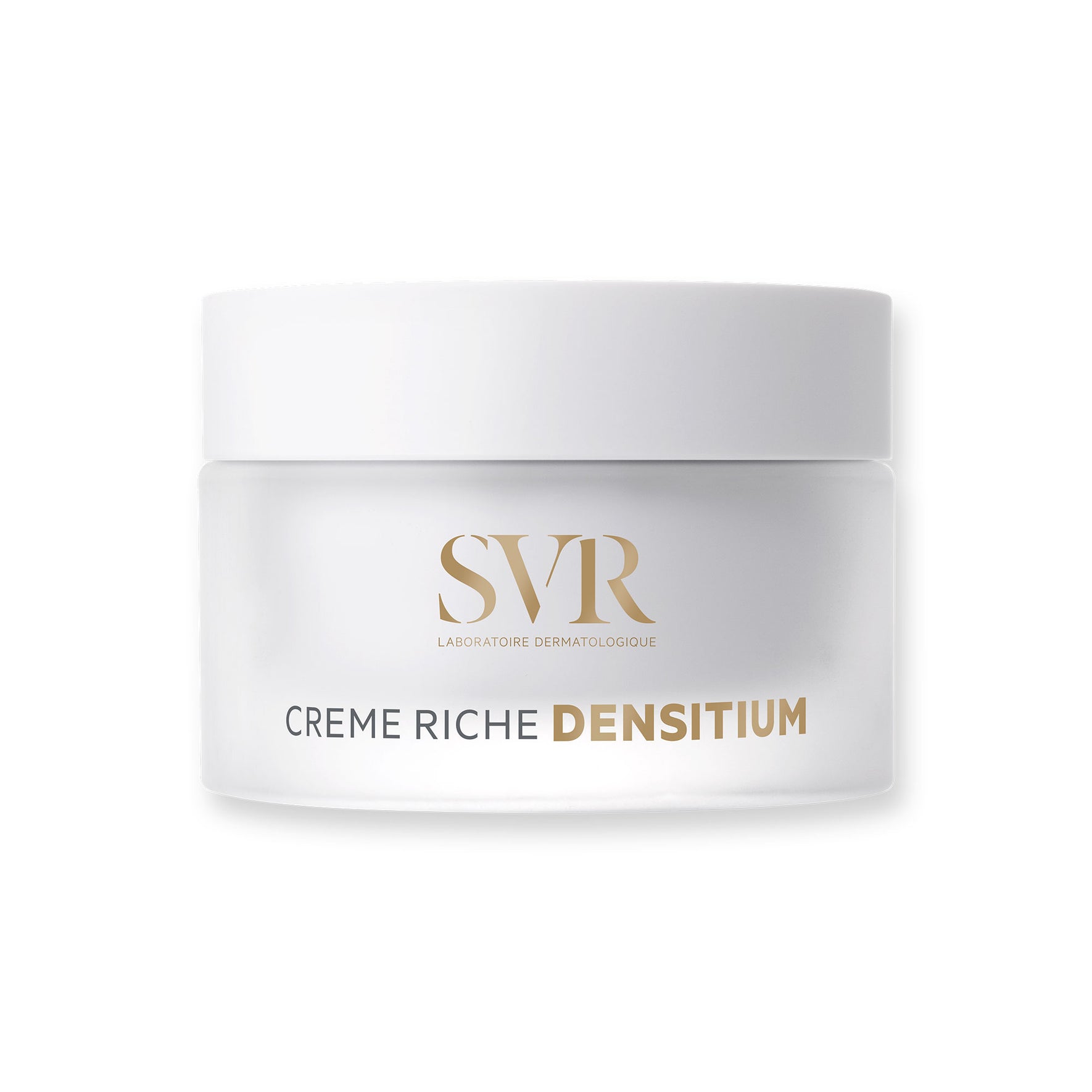 Pot de crème visage SVR Densitium Crème Riche en verre dépoli avec couvercle blanc et inscriptions dorées.