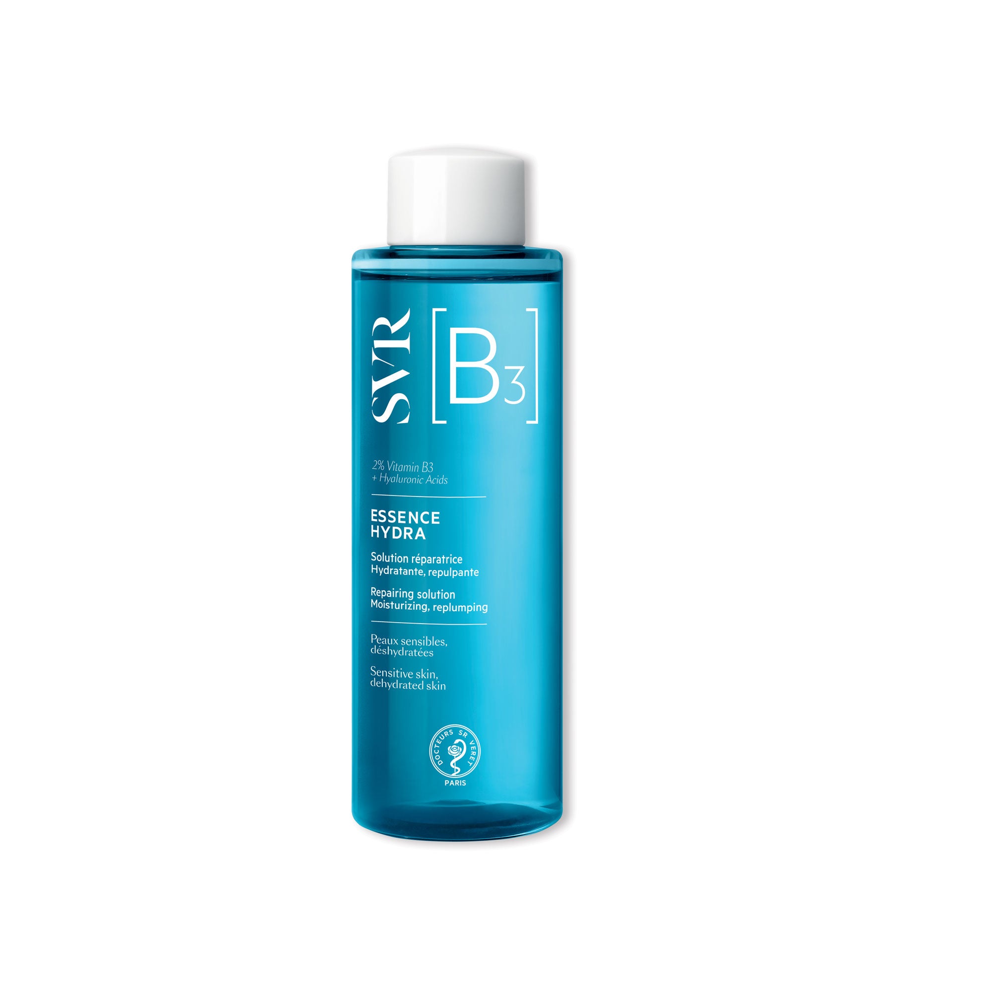 Flacon cylindrique bleu translucide de SVR [B3] Essence Hydra avec bouchon blanc et étiquette blanche informative.