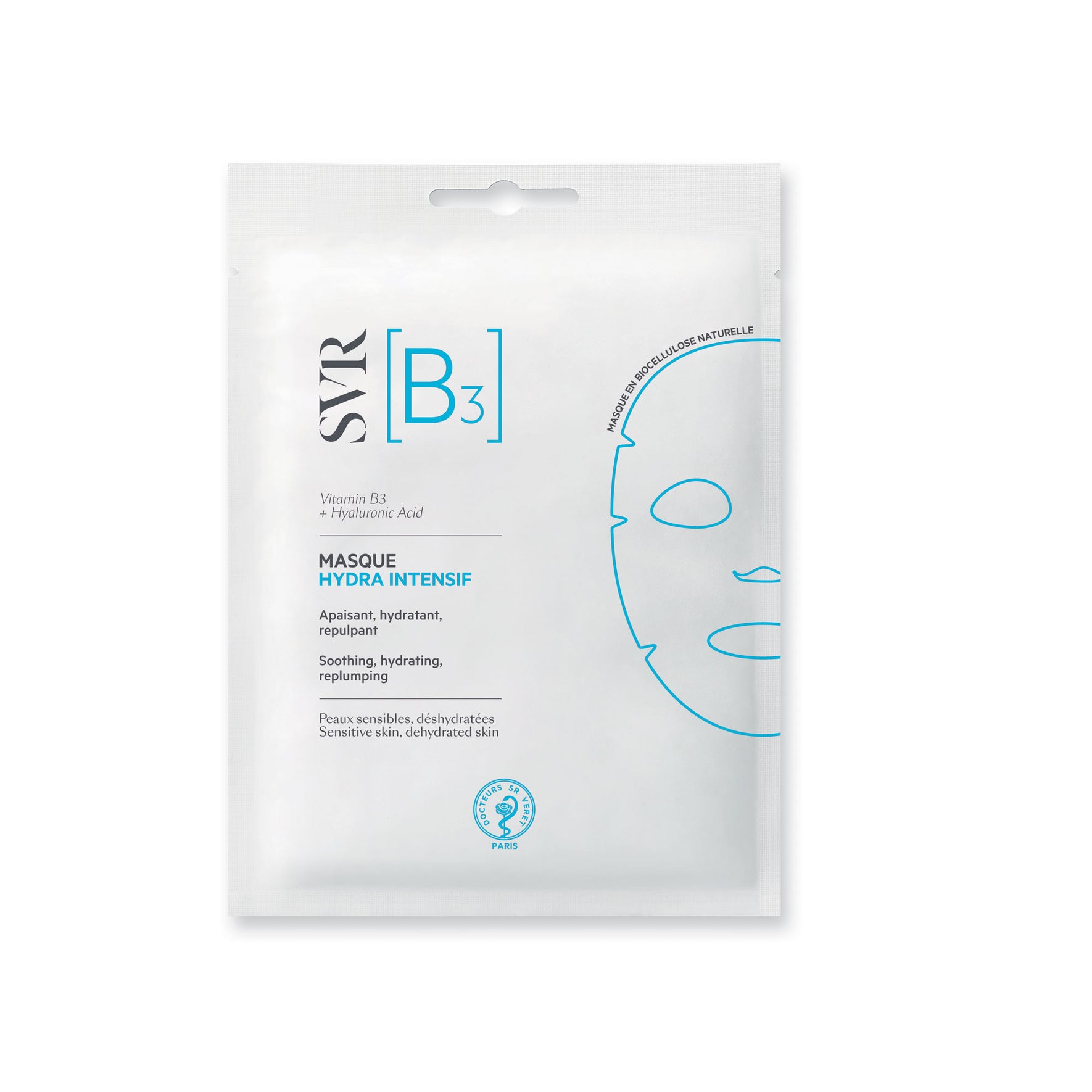 Sachet blanc de masque en biocellulose SVR [B3] Hydra Intensif à la vitamine B3 et acide hyaluronique pour peaux sensibles.