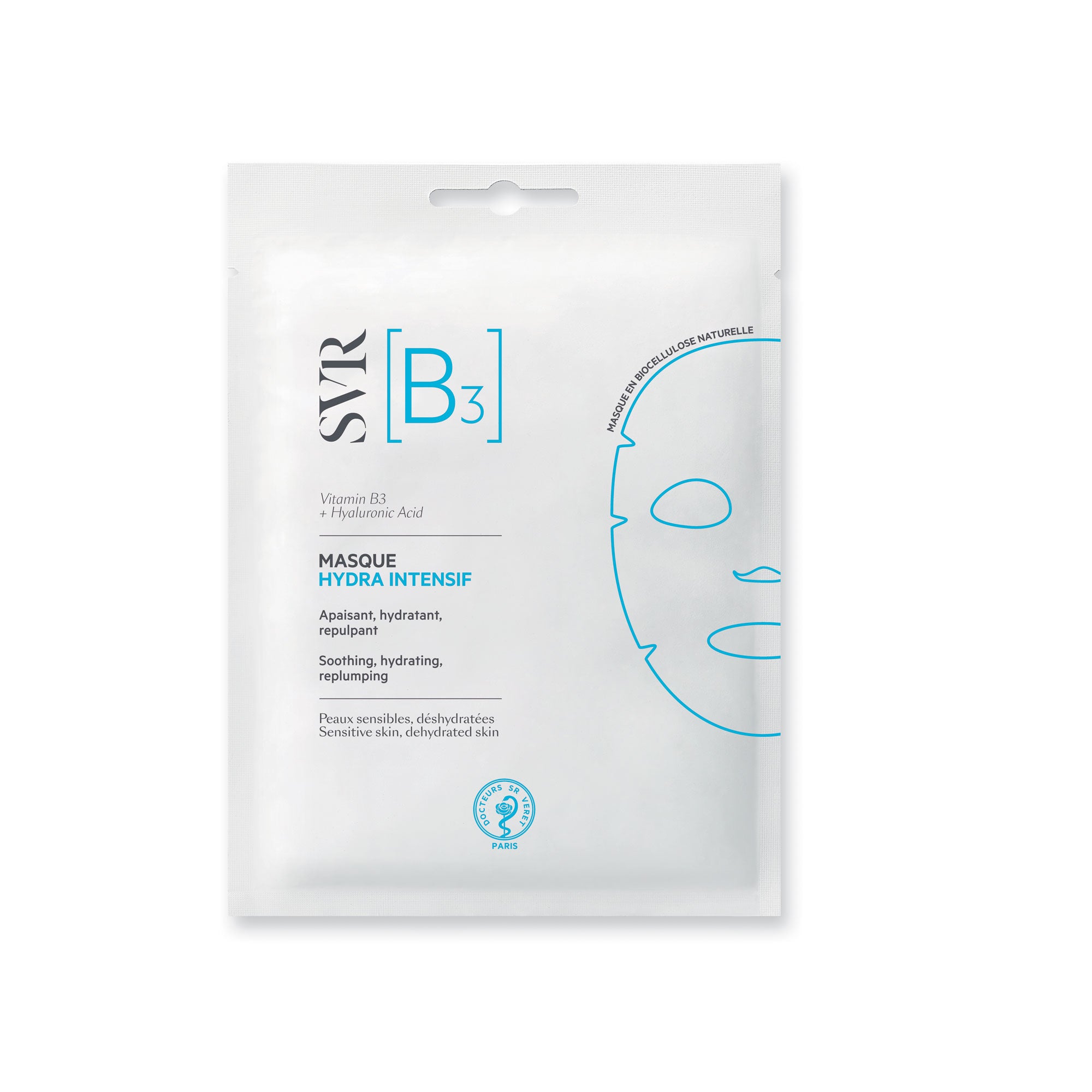 Sachet blanc de masque en biocellulose SVR [B3] Hydra Intensif à la vitamine B3 et acide hyaluronique pour peaux sensibles.