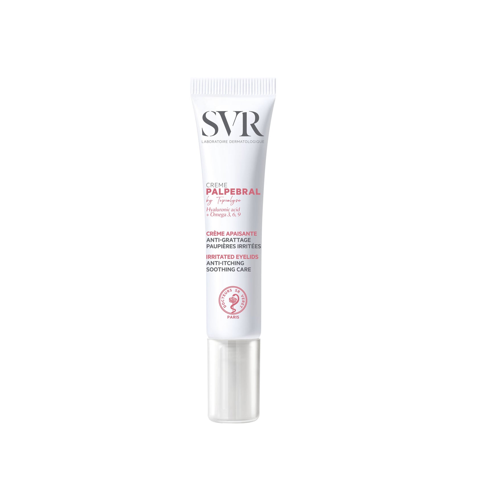Tube blanc de crème apaisante SVR Palpebral pour paupières sensibles avec bouchon transparent.