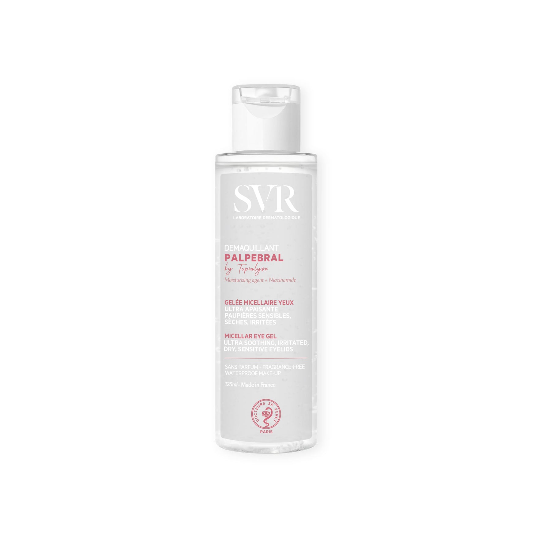 Flacon transparent de gel démaquillant SVR Palpebral 125ml pour yeux sensibles avec bouchon clapet blanc.