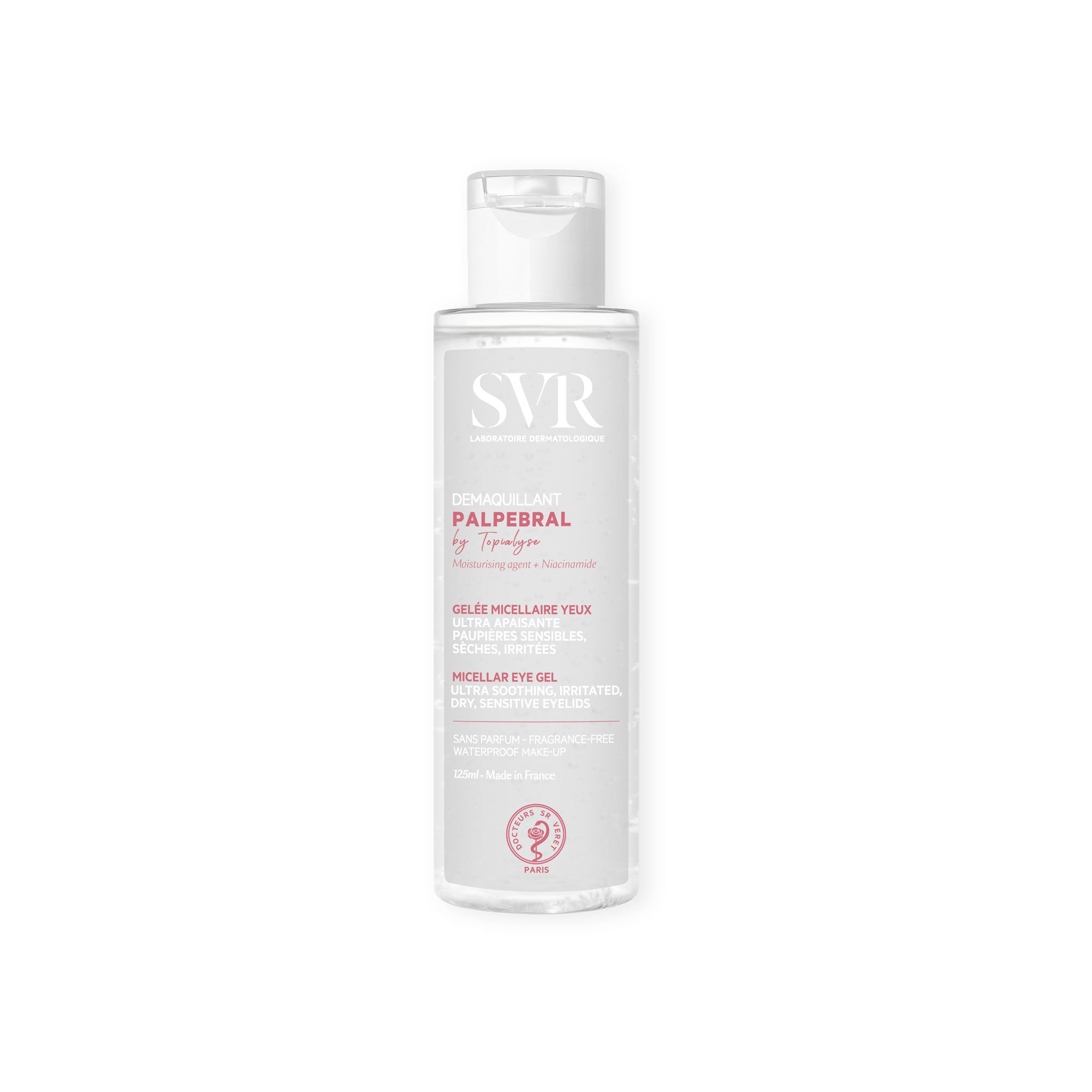 Flacon transparent de gel démaquillant SVR Palpebral 125ml pour yeux sensibles avec bouchon clapet blanc.