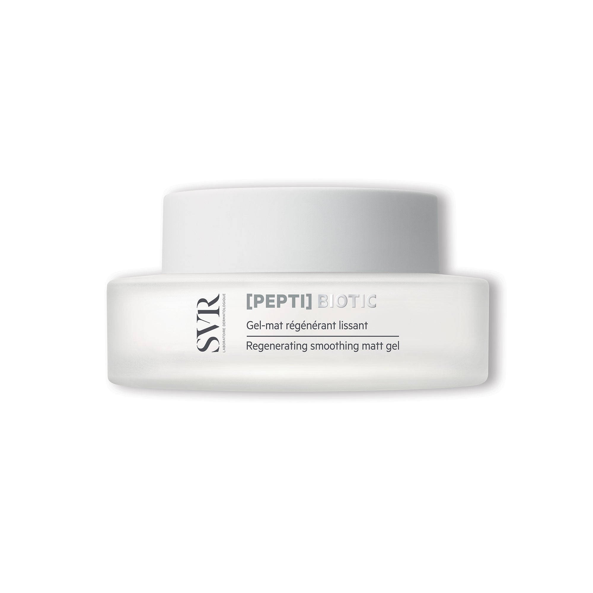 Pot de crème SVR [PEPTI]Biotic en verre dépoli blanc avec couvercle mat, gel régénérant lissant pour peaux sensibles.