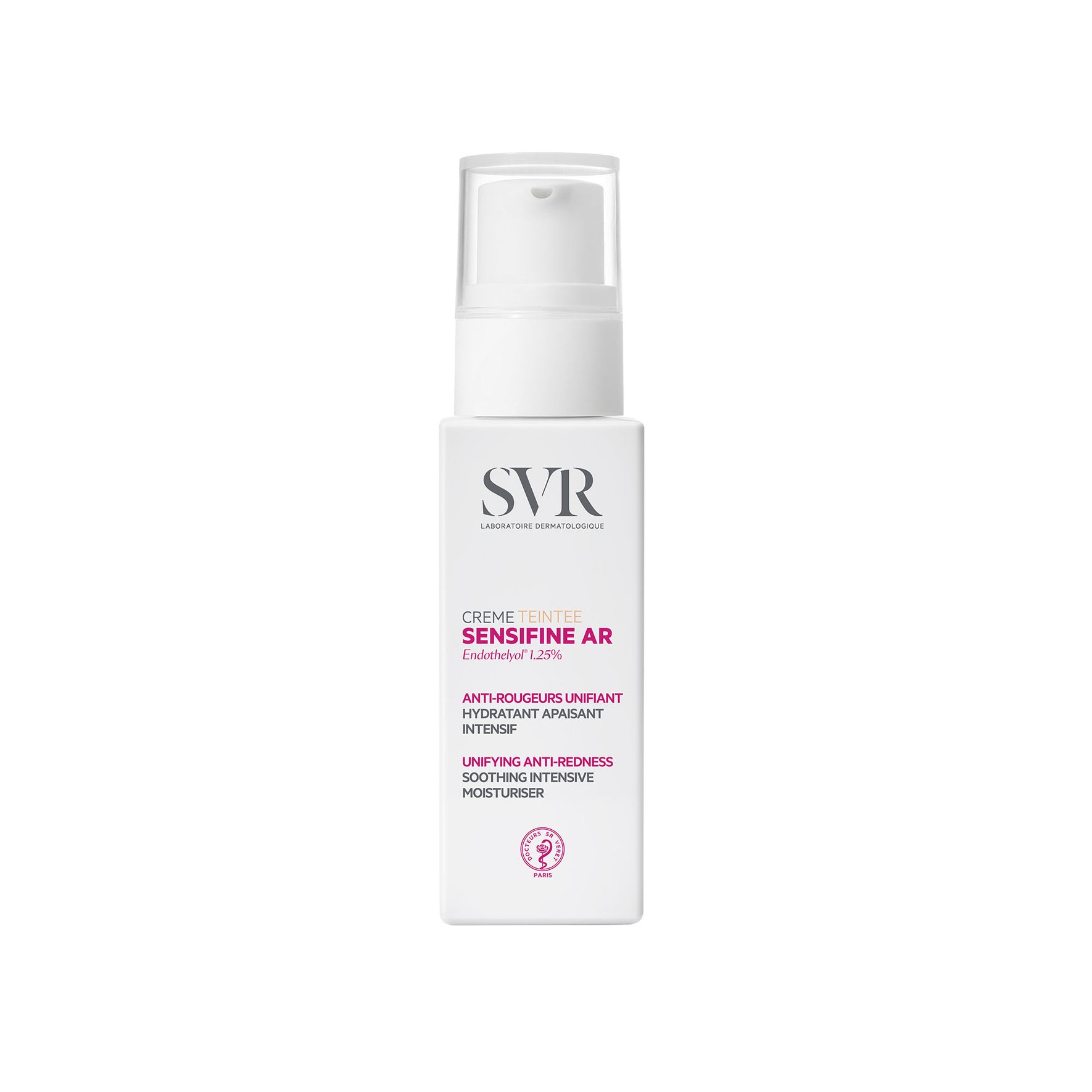 Flacon pompe blanc SVR Sensifine AR Crème Teintée anti-rougeurs avec bouchon transparent sur fond blanc.