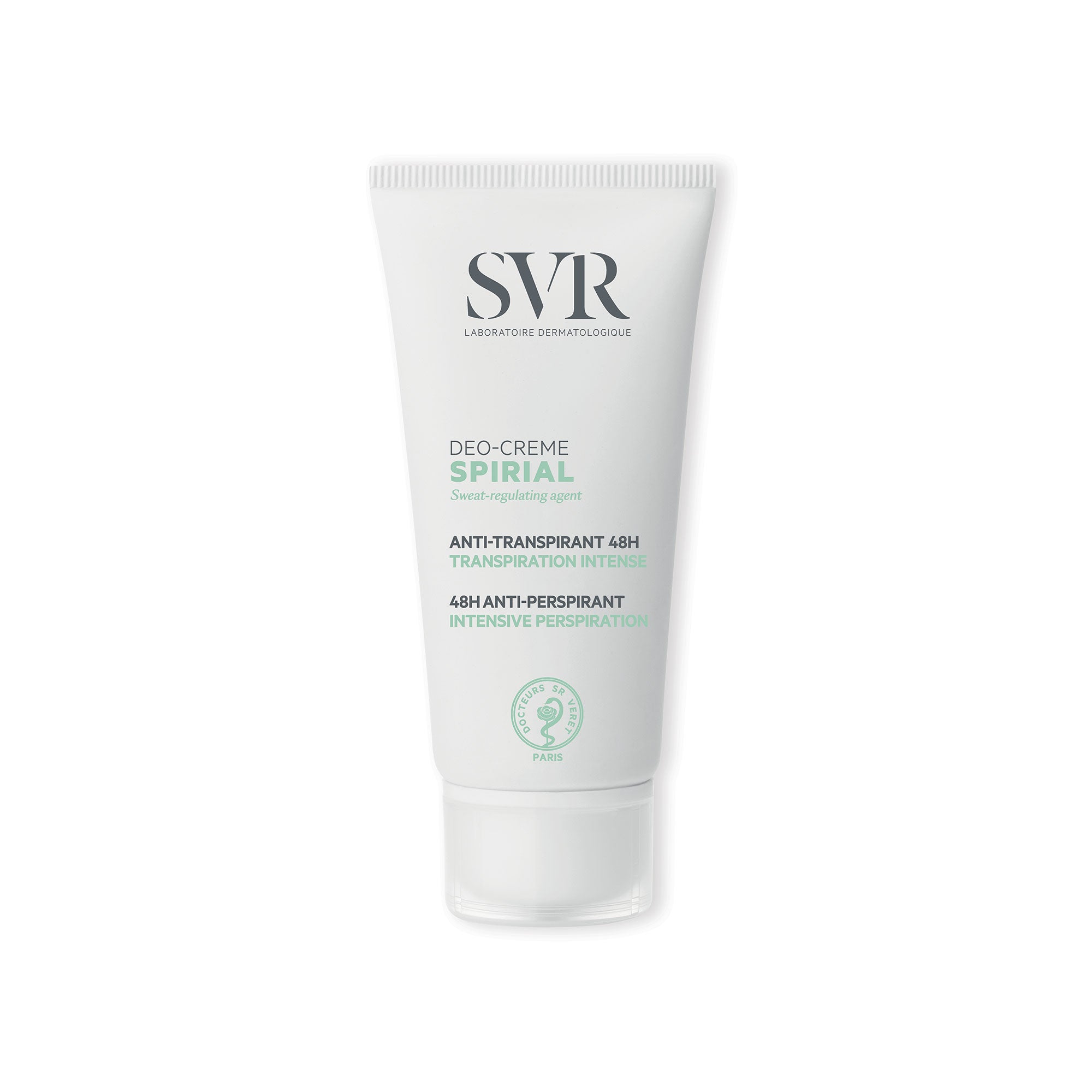 Tube blanc de crème anti-transpirante SVR Spirial 48h avec bouchon transparent, format compact pour peaux sensibles.