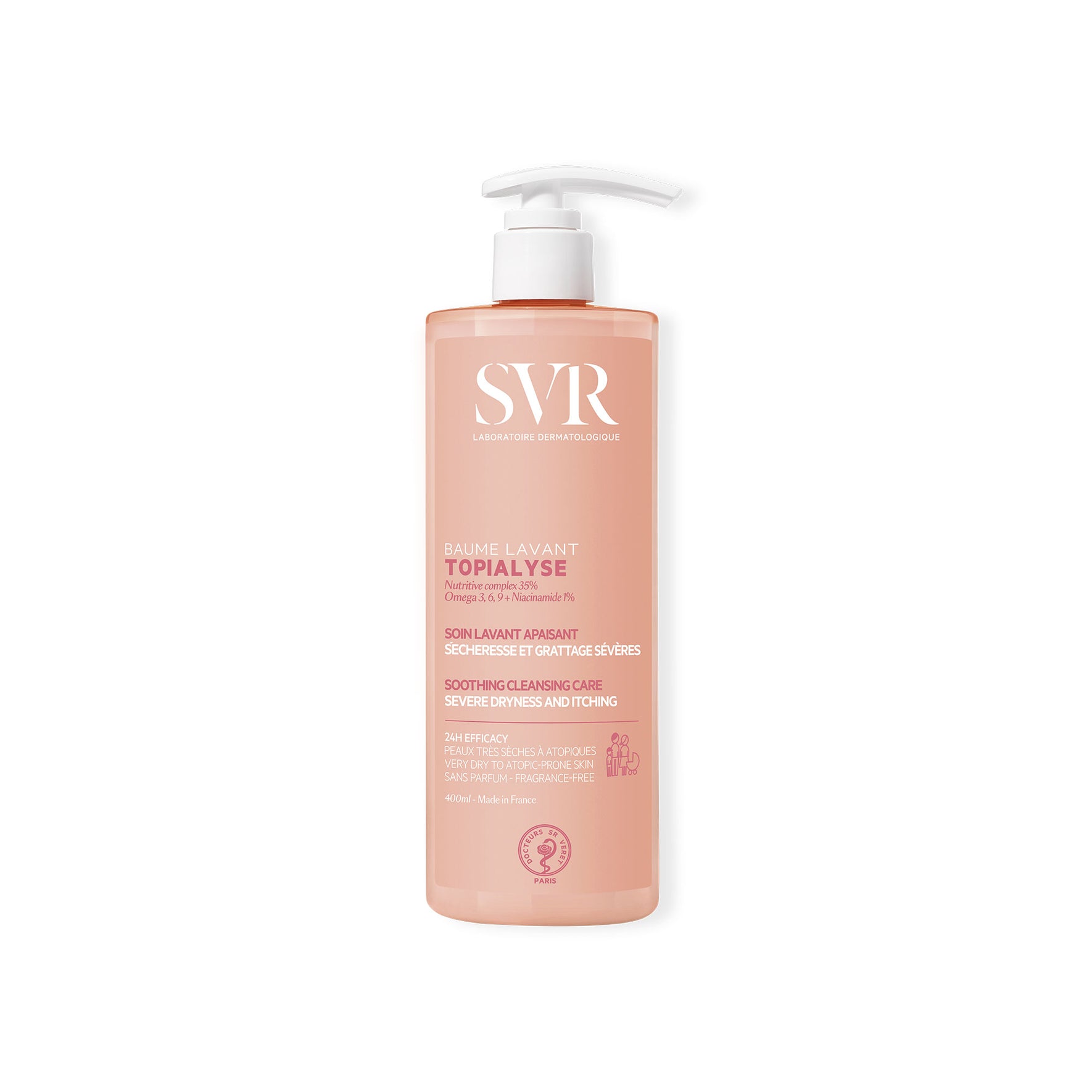 Flacon pompe SVR Topialyse Baume Lavant 400ml rose pâle pour peaux très sèches et atopiques sur fond blanc.